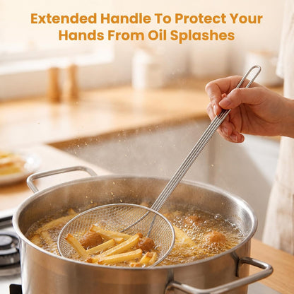 2 Pcs 17.7 Inch Stainless Steel Skimmer Round Plated Wire Strainer Fryer Spoon Mesh Stirring with Long Handle, Food Strainer Skimmer Spoon for Kitchen Fried Food Cooking Straining Frying