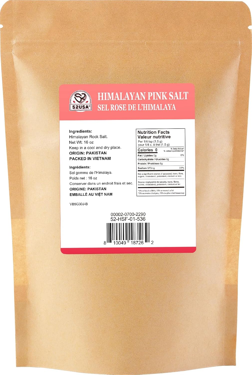 52USA Himalayan Pink Salt, Coarse Grain 1 lb, Salt for Grinder Refill