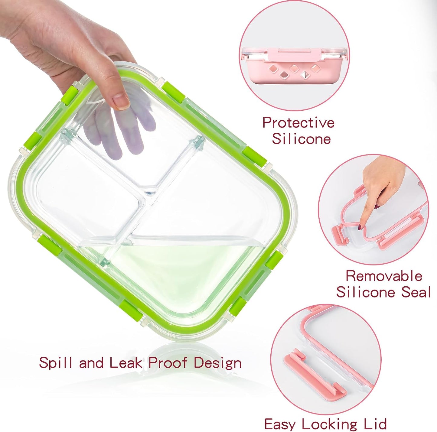 5 Pack Glass Meal Prep Containers 3 Compartment with Lids, Divided Glass Storage Containers with Silicone Sleeve for Lunch, Leak-Proof Portion Control Food Containers, Dishwasher Safe, 34 oz