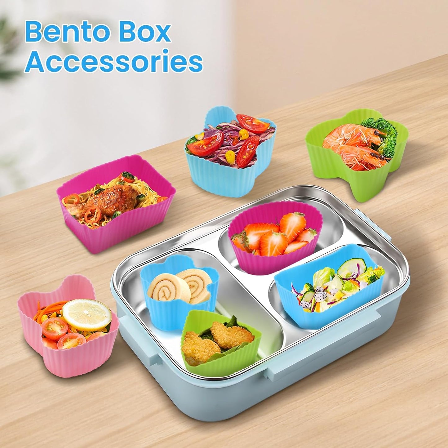 30 Pieces Silicone Cupcake Liners for Lunch Box Accessories, Reusable Lunch Box Dividers, Round Square Rectangular Butterfly Rabbit Shaped bento box inserts, Muffin Cups Baking Molds