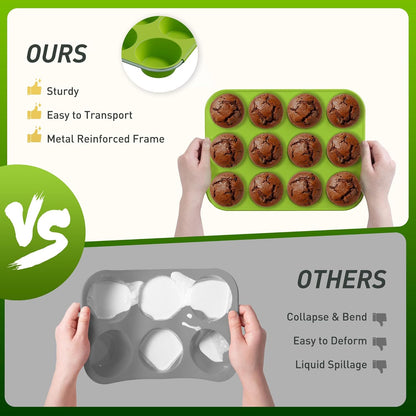 2 Pack 12 Cups Silicone Muffin Pan with Metal Reinforced Frame Regular Size Silicone Molds Cupcake Cake Baking Pans Cookie Baking Chocoflan Cupcake Mold Nonstick Muffin Tin Home Baking Supplies