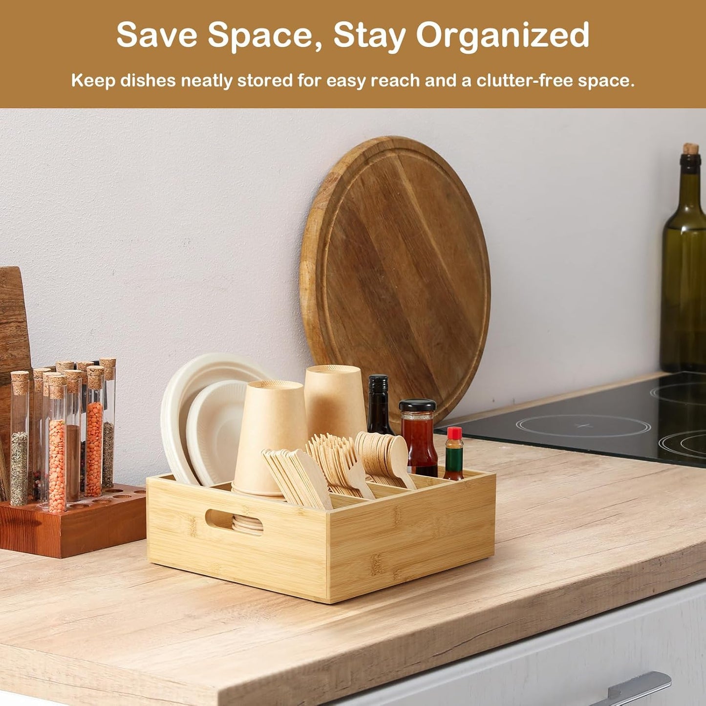Acacia Wood Utensil Holder for Party, 6-Compartment Paper Plate and Silverware Organizer with Handles, Rustic Utensil Caddy for Parties, Outdoor Gatherings, and Kitchen Countertop Organization