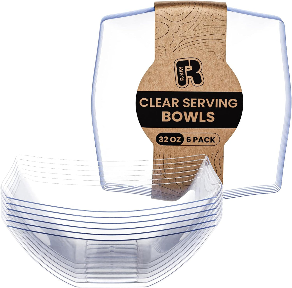 R-kay 6 Pack Square Plastic Serving Bowls - Clear Plastic bowls 16 Oz - Disposable Serving Bowls Heavy Duty For Weddings Catering And Birthday parties
