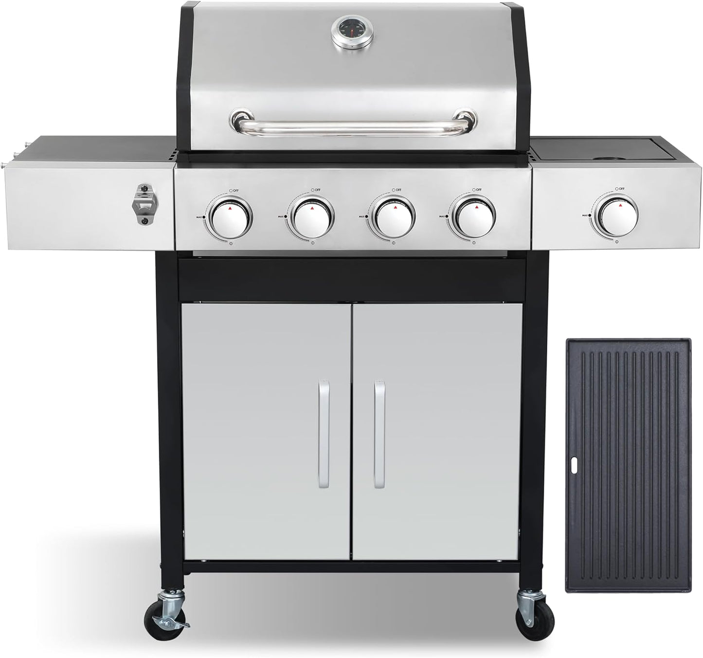 Gas Grill with Side Burner, 3-Burner Propane Grill with Porcelain-Enameled Cast Iron Grates and Double-Wall Insulated Lid, 39,000 BTU BBQ Grill with Wheels for Outdoor Cooking
