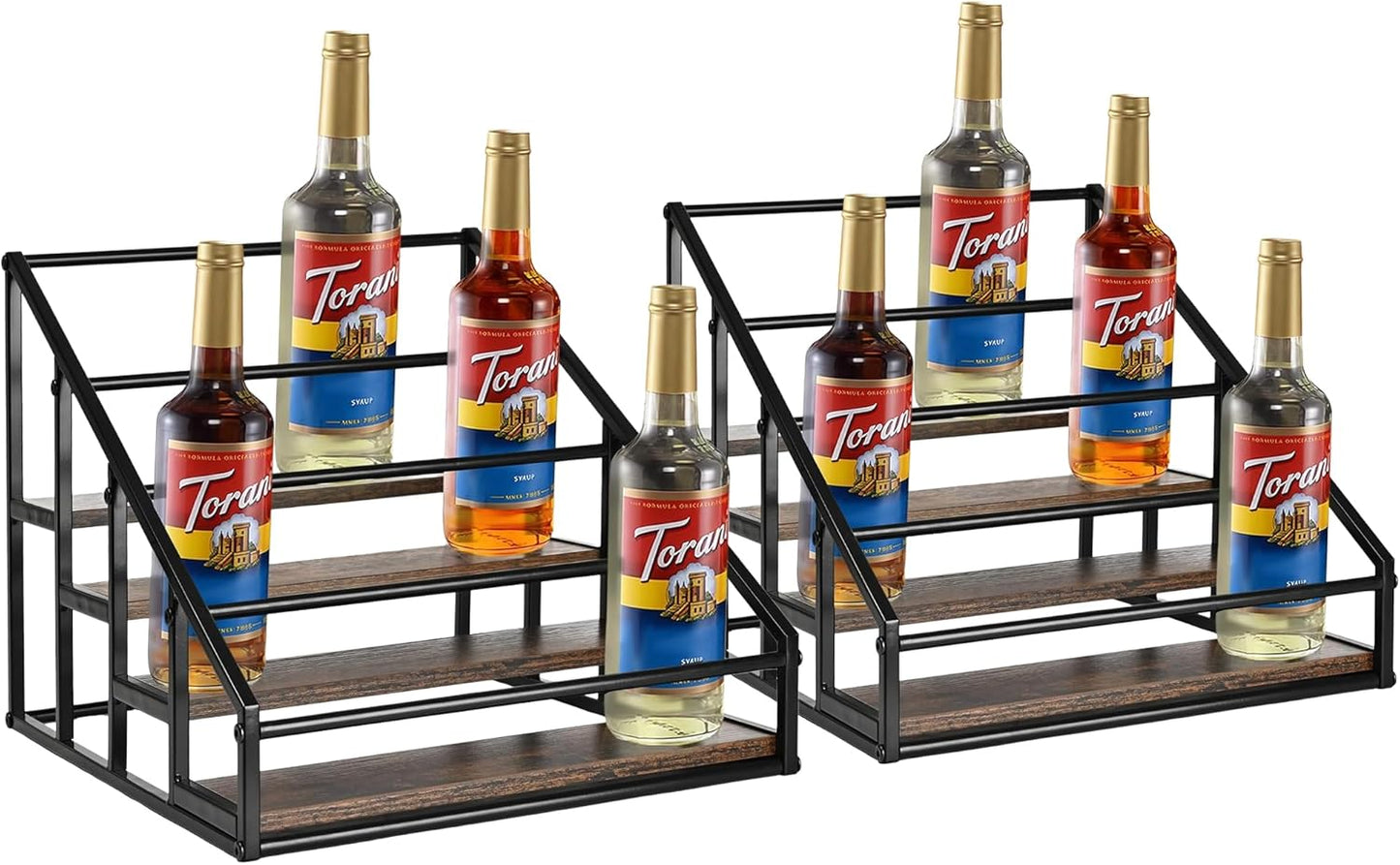 YQBRAO Coffee Syrup Rack Organizer,Liquor Bottle Display Shelf,2-Tier 4 Bottle Stand for Coffee Bar, Kitchen Station, Liquor, Wine, Dressing,Rustic Brown