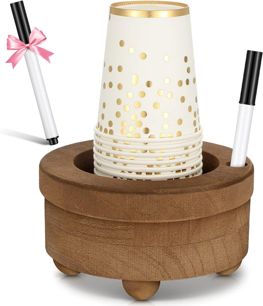Newtay Wooden Cup Holder with Marker Slot Brown Cup Holder Dispenser Disposable Mug Dispenser for Party Decoration Bathroom Kitchen Showers Picnic Housewarming Couples Gift(Classic Style,6.1 Inches)