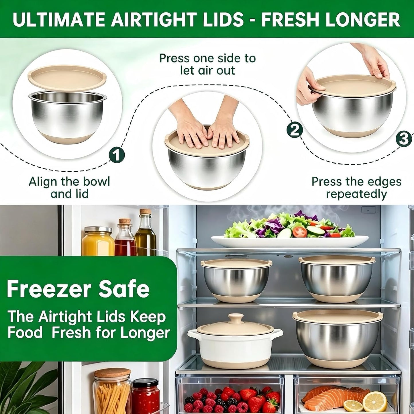 Deedro Premium Mixing Bowls with Airtight Lids Set, 22Pcs Thicker Stainless Steel Mixing Bowl Set, Large Prep Metal Bowls, Non-Slip Silicone Base Nesting Bowls for Kitchen, 1.5/2/3/4/5 QT, Black
