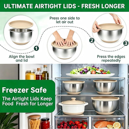 Deedro Premium Mixing Bowls with Airtight Lids Set, 22Pcs Thicker Stainless Steel Mixing Bowl Set, Large Prep Metal Bowls, Non-Slip Silicone Base Nesting Bowls for Kitchen, 1.5/2/3/4/5 QT, Black