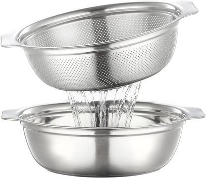 Stainless Steel Colander for Kitchen 2-Quart, Strainer Microporous with Mixing Bowl, Rice Strainer for Washing Vegetables, Fruit and Draining Cooked Pasta, Dishwasher Safe