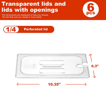 6 -Pack 1/4 Size 6" Deep Polycarbonate Food Pans, and Handled & Notched Lids Bundle