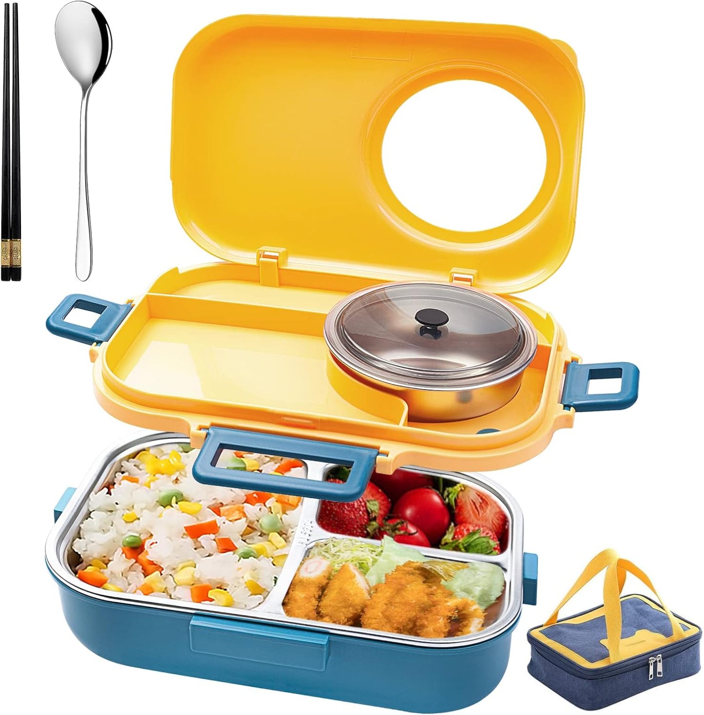 3 Compartments Bento Lunch box with Soup Bowl, Insulated Lunch Bag and Portable Utensils, Stainless Steel Camera Lunch Containers，Leak Proof Bento Box for Kids Adults Men Women…