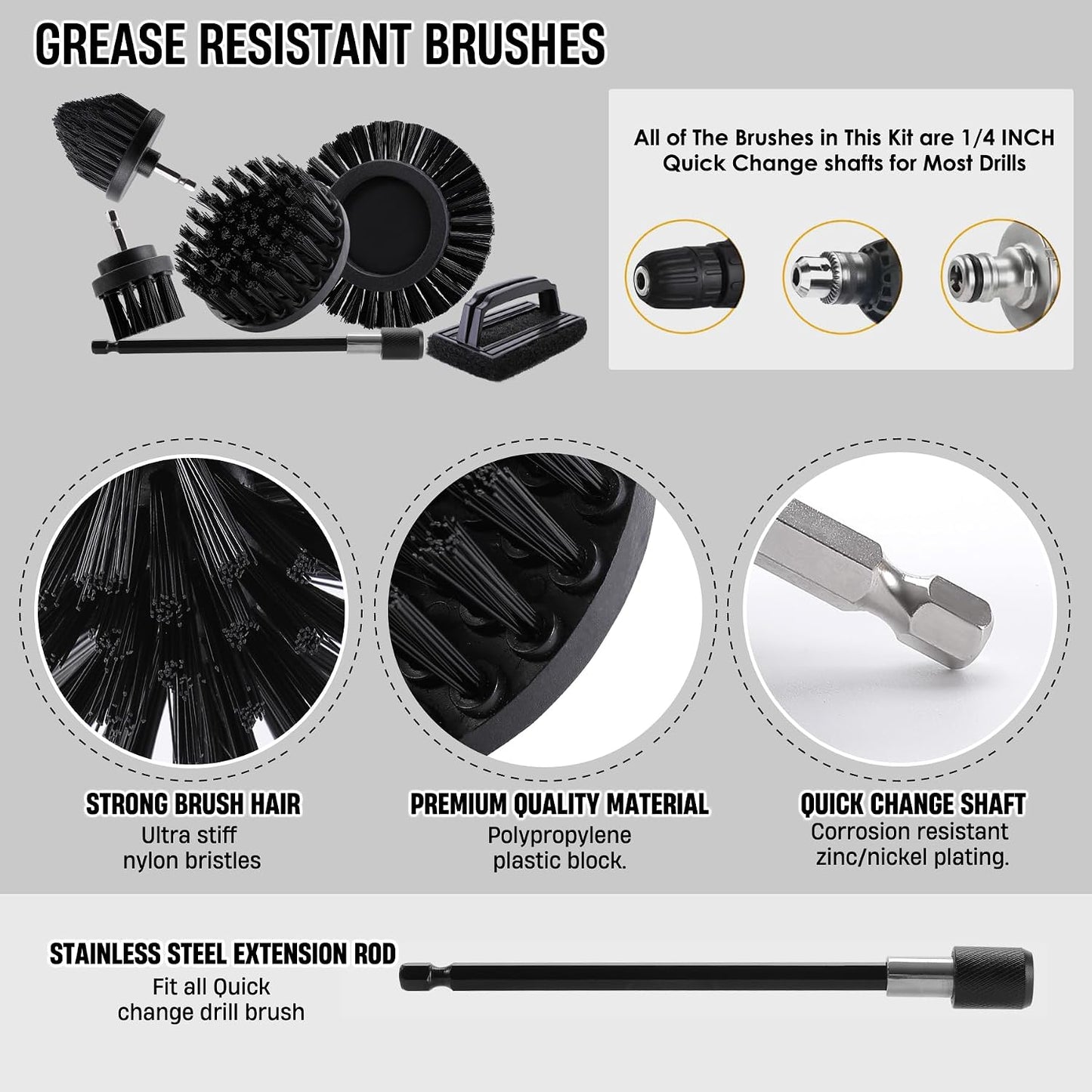 6 Piece BBQ Grill Cleaning Brush Ultra Stiff Drill Powered Cleaning Brushes Nylon Safe Bristle BBQ Grill Rust Remover Gift for Dad Grill Cleaner for Outdoor Grill (Black)