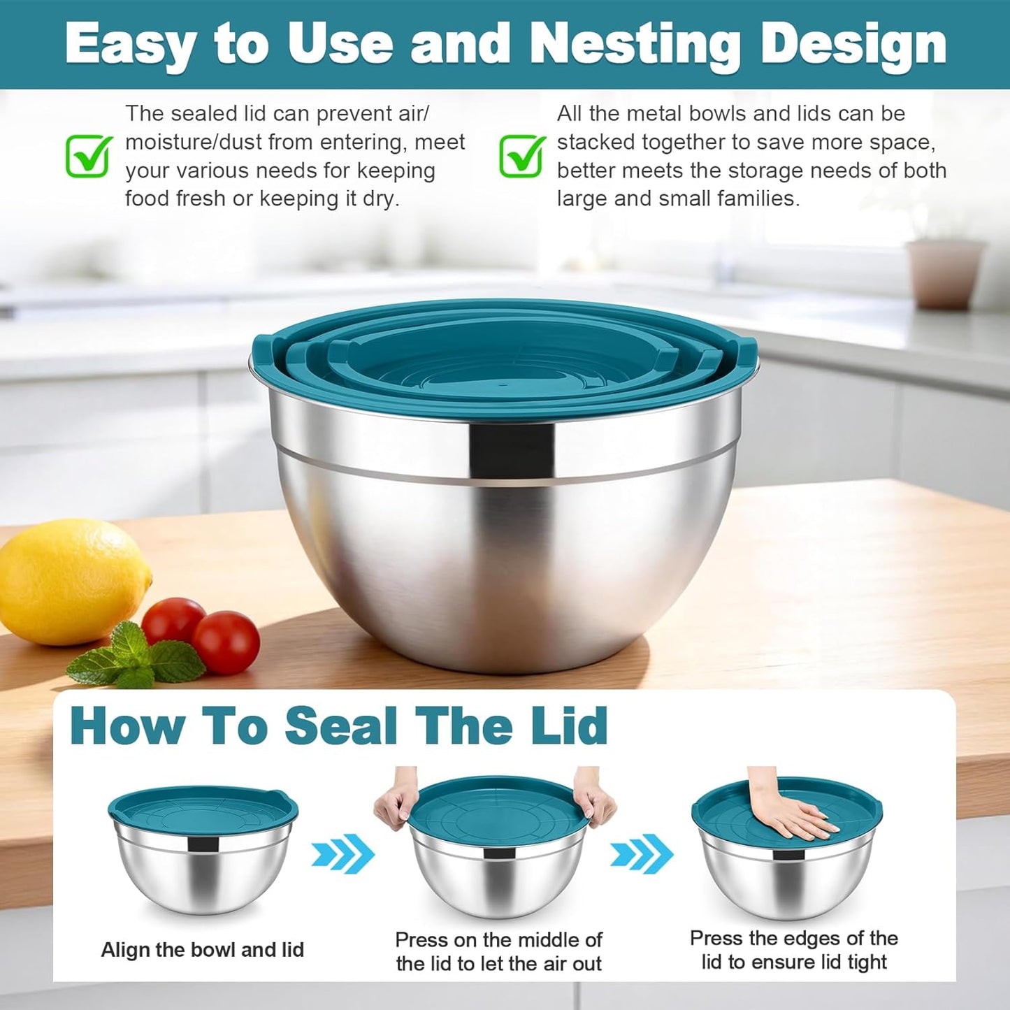 TeamFar Mixing Bowls, Stainless Steel Nesting Salad Bowls with Airtight Lids Set, For Serving/Mixing/Storing, Healthy & Long-lasting, Dishwasher Safe & Easy Clean, 4.6/3 / 1.5 QT, Colorful