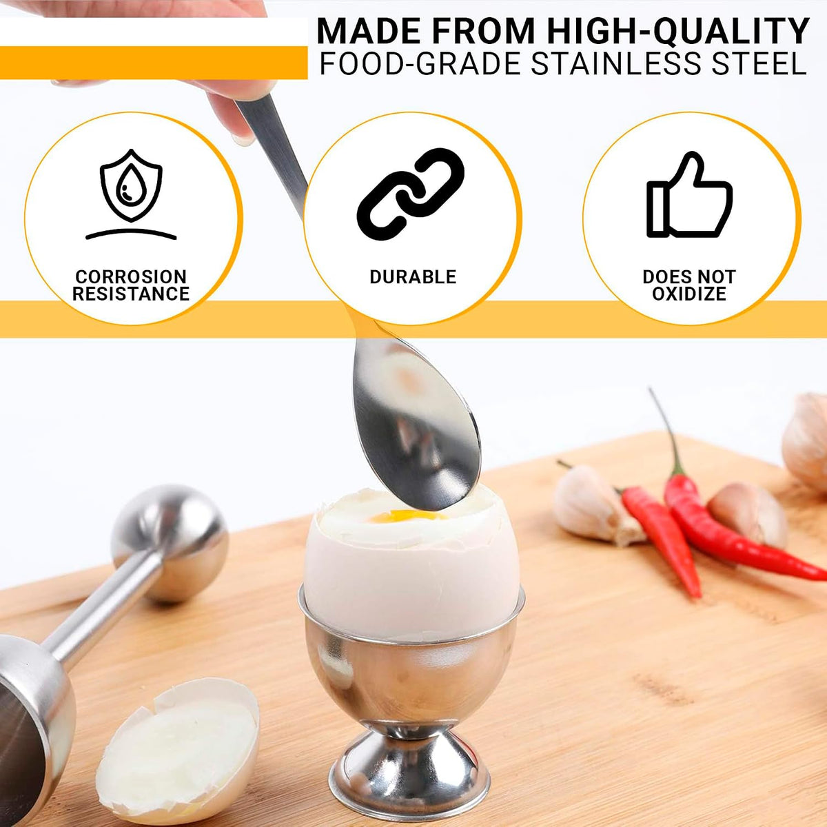 Soft Boiled Egg Holder Cups with Spoons, 2 Pcs Each, Stainless Steel