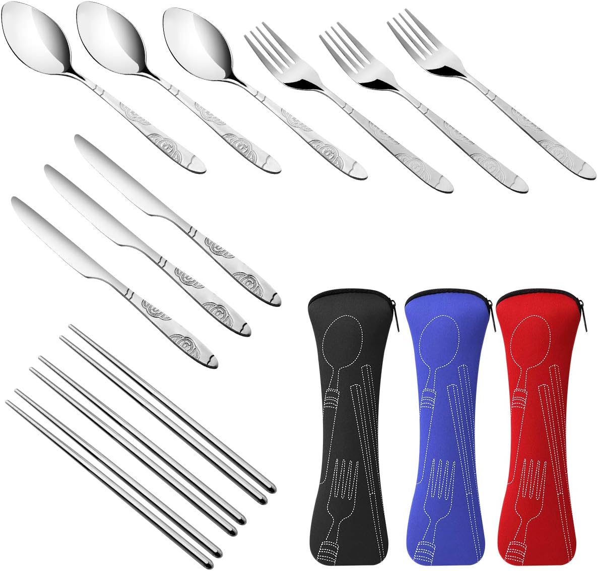 Arroyner 6 Pack Reusable Flatware Sets Knife, Fork, Spoon, Chopsticks, 24Pcs Portable Travel Stainless Steel Tableware Dinnerware with Carrying Case