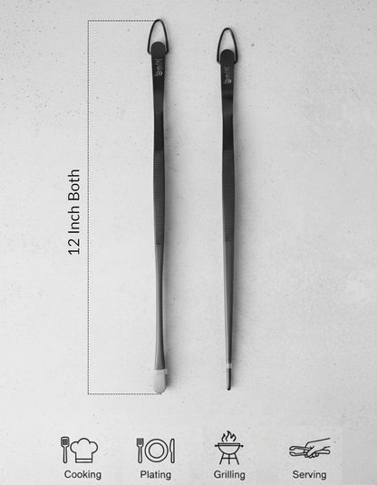 Tweezer Tongs Set of 2 – Boxiki Kitchen 430 Stainless Steel Cooking Tweezers, Long Chef Tweezers for Plating, Grilling, Baking, Pasta, Food Handling, Cake Decorating & Culinary Use
