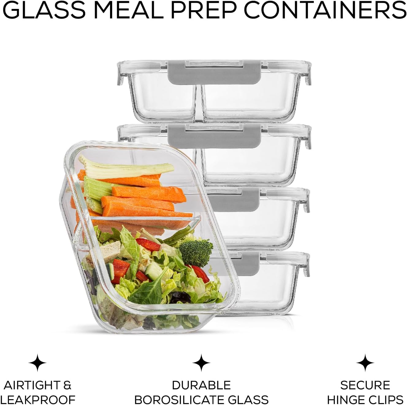JoyJolt Divided Food Storage Containers with Lids Airtight. 5 Pack Glass Meal Prep Containers 2 Compartment Set Glass Bento Box. Reusable Food Containers, Portion Control Containers for Weight Loss