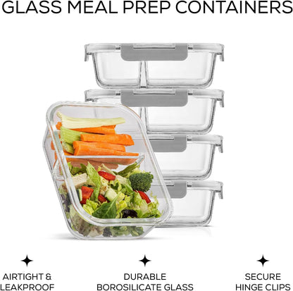 JoyJolt Divided Food Storage Containers with Lids Airtight. 5 Pack Glass Meal Prep Containers 2 Compartment Set Glass Bento Box. Reusable Food Containers, Portion Control Containers for Weight Loss