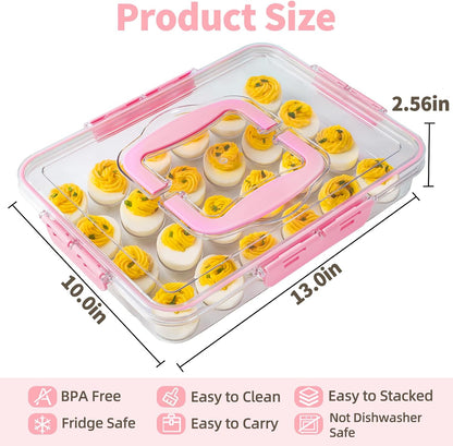 MesRosa 2 Pack Deviled Egg Containers with Lid and Handle, Durable Clear Plastic Deviled Egg Carrier Storage 48 Eggs, Stackable Egg Holder for Fridge, Portable Tray Platter for Party & Picnics-White