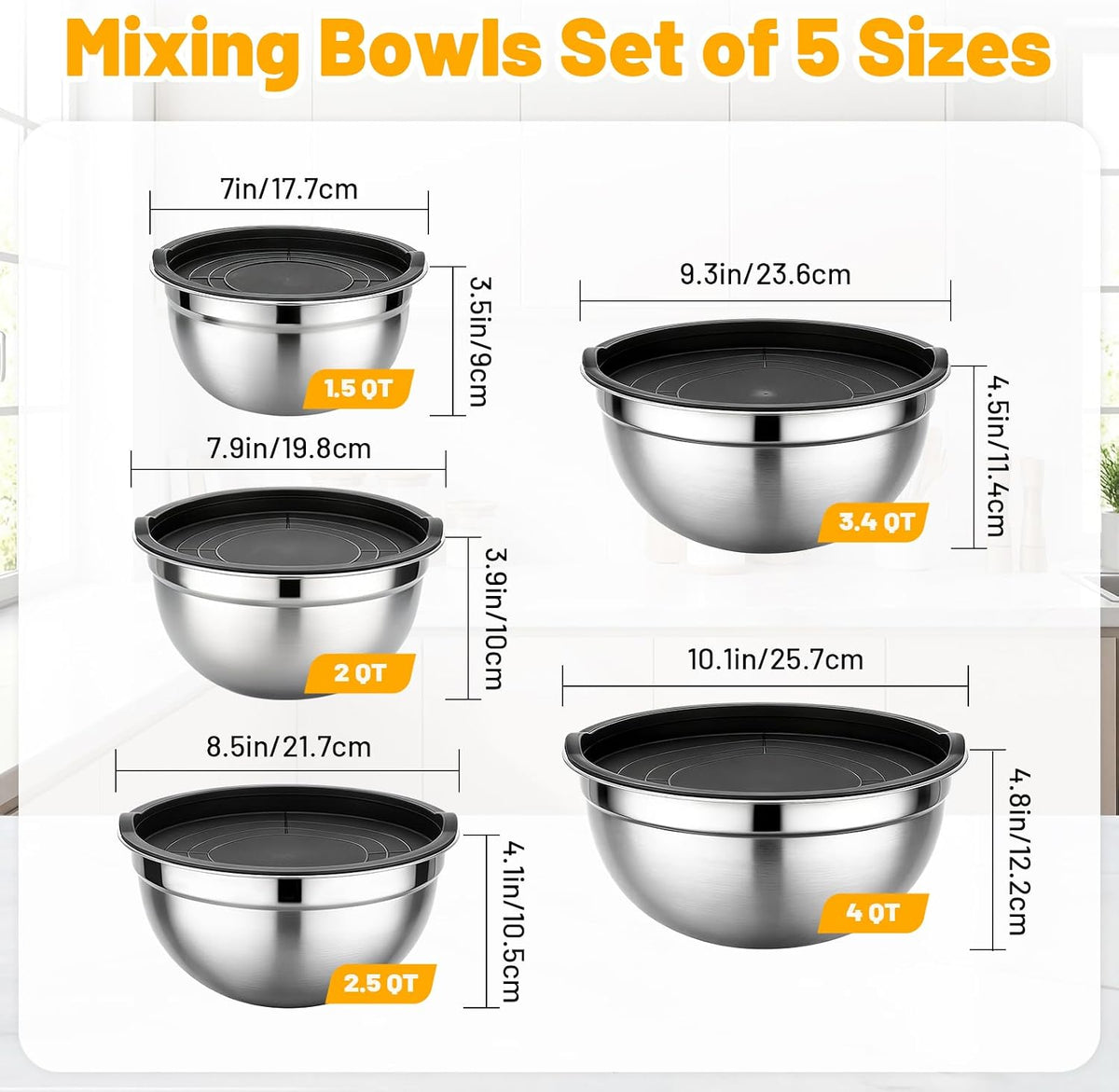 Beasea Stainless Steel Mixing Bowls, 5 Pack 1.5 QT Stackable Nesting Mixing Bowls with Airtight Lids, Metal Bowl with Lid for Baking, Meal Prepping, Salad, Serving, Food Storing