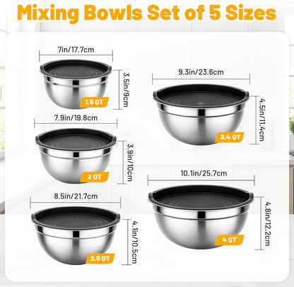 Beasea Stainless Steel Mixing Bowls, 5 Pack 1.5 QT Stackable Nesting Mixing Bowls with Airtight Lids, Metal Bowl with Lid for Baking, Meal Prepping, Salad, Serving, Food Storing