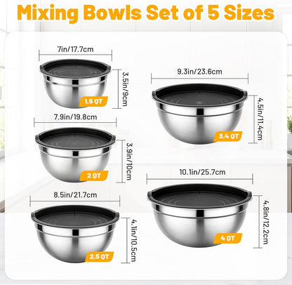 Beasea Stainless Steel Mixing Bowls, 5 Pack 1.5 QT Stackable Nesting Mixing Bowls with Airtight Lids, Metal Bowl with Lid for Baking, Meal Prepping, Salad, Serving, Food Storing