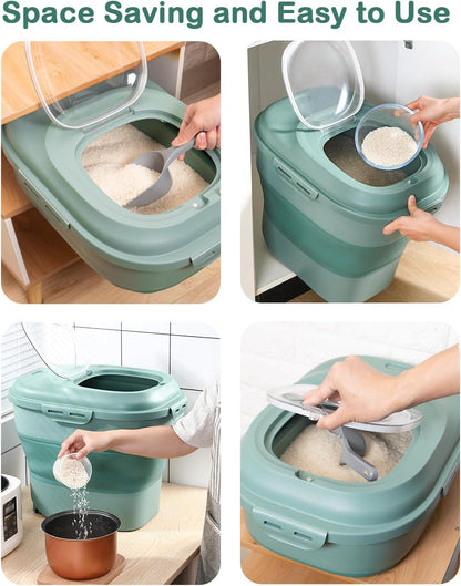 20-30 Lbs Rice Storage Container,Collapsible Food Storage Containers with Rolling Wheel Airtight Locking Lid,Flour Storage Container with Cup and Scoop,Suitable for Food,Rice,Pet Food,Flour