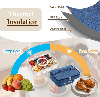 Chilled Snackle Box Container with Ice Pack, Divided Serving Tray with Lid & Handle Portable Snack Tackle Box Container with Insulated Bag 8 Compartment Clear Snacklebox for Beach Road Trip Picnic
