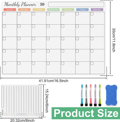 Magnetic Dry Erase Calendar for Fridge Reusable Monthly Planner Board Fridge Calendar White Board Anti-Slip Magnetic Shopping List Planner with 5 Pens for Home Kitchen 16.5x11.8inch