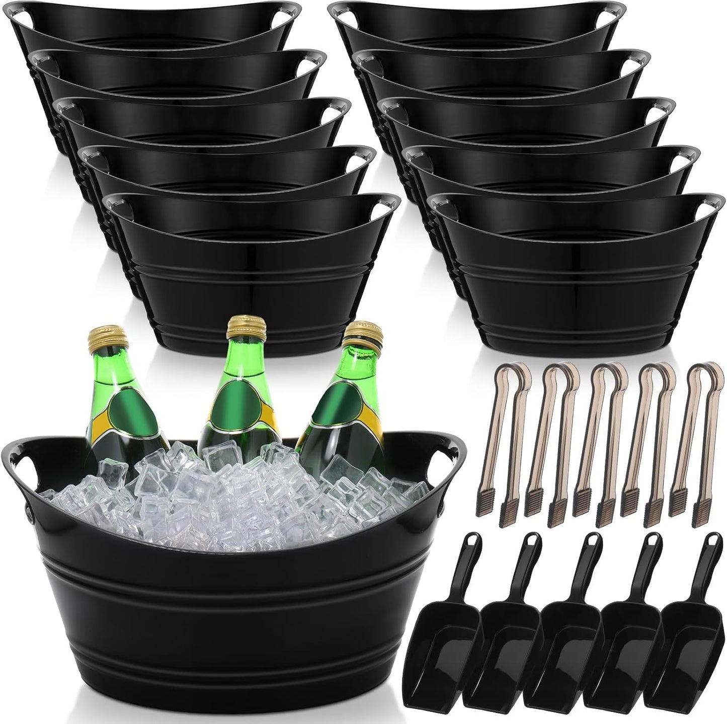 Zhehao 10 Pcs Ice Bucket for Parties 4.5 l Oval Beverage Tub with 5 Plastic Ice Scoops and 5 Tongs Champagne Bucket for Beer Wine Cocktail Beverage Bar Banquet Family Gathering (Large Scoops, Clear)
