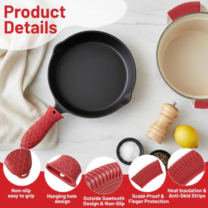 Cast Iron Skillet Handle Covers,3Pcs Heat Resistant Silicone Pot Handles Covers Non-Slip Cast Iron Handle Sleeve for Frying Pans and Griddles Kitchen Supplies(Red)