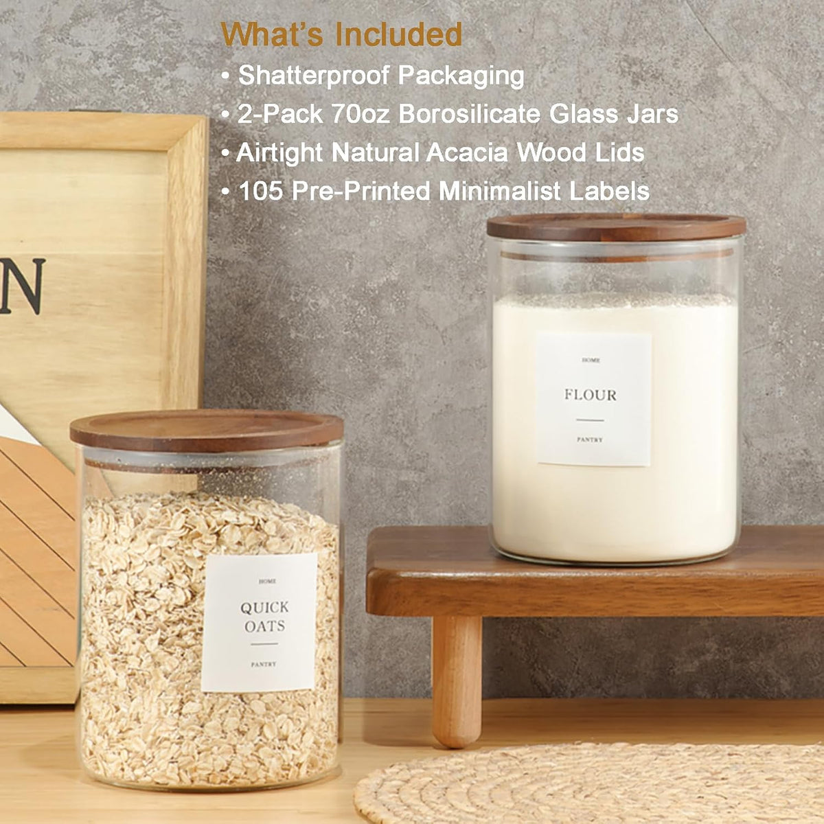 2 Pack Glass Rice Containers with Acacia Wood Lids, 70oz Airtight Flour and Sugar Jars with 105 Labels, Large Glass Pantry Storage Jars for Cereal, Protein Powder, Cookies, Dry Food