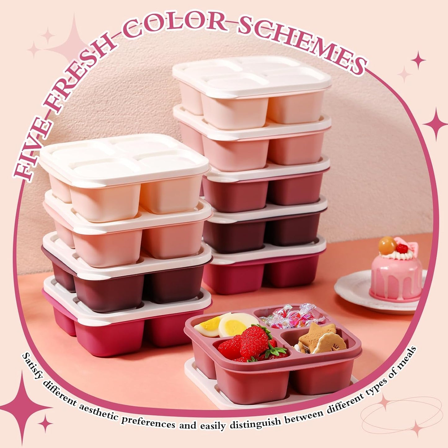 Honeydak 10 Pack Bento Snack Containers 4 Compartment Snack Boxes Reusable Containers with Lids Divided Meal Prep Lunch Food Storage Box for School Work Travel