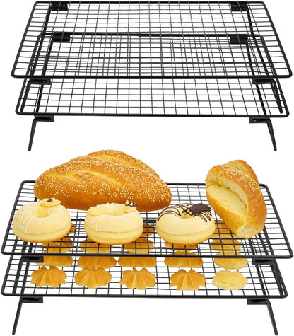 QWORK Stackable Cooling Racks for Baking and Cooking, 2 Pack 13.4x9.4 Inch Nonstick Carbon Steel Wire Rack, Foldable Cooling Rack