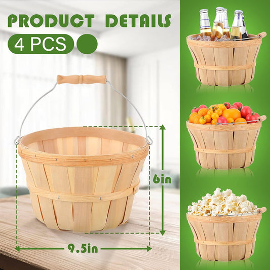 4 Pcs 6 Inch Tall by 9.5 Inch Diameter Round Wooden Baskets, Harvest Basket Garden Basket Food Service Display Baskets Wood Fruit Buckets with Handle for Party Favors Storage Organizing (Wood Color)