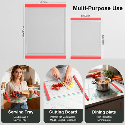Tempered Glass Cutting Board Set for Kitchen Counter - Dishwasher Safe with Juice Grooves, Non-Slip Silicone Edges & Beveled Grip - 16"x12" & 12"x8" Serving Tray (Blue)