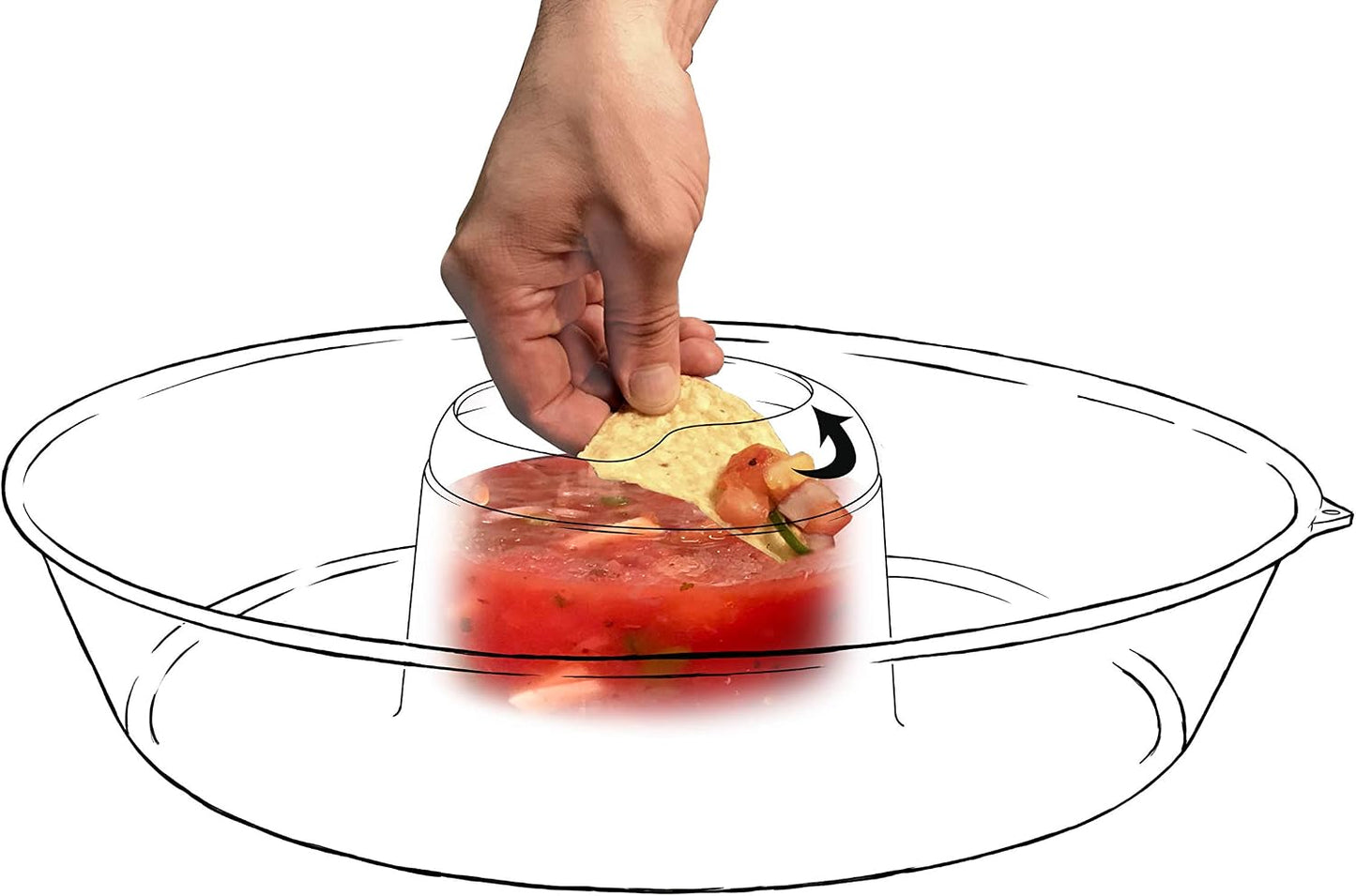 Jokari Less Mess Drip Free Chips and Dip 14 Inch Serving Bowl. Rimmed Platter to Scrape Extra Dip, Sauce, Queso, Salsa Guac or Dressing Off Chips, Fruit, Veggies, Soft or Hard Pretzels, Wings and More