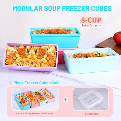 Gemice 1-Cup Silicone Freezer Molds with Lids, Individual 4-Pack Portion Soup Cubes Freezer Trays for Food Storage, Oven & Dishwasher Safe, BPA-Free, Silicone Freezer Containers for Meal Prep