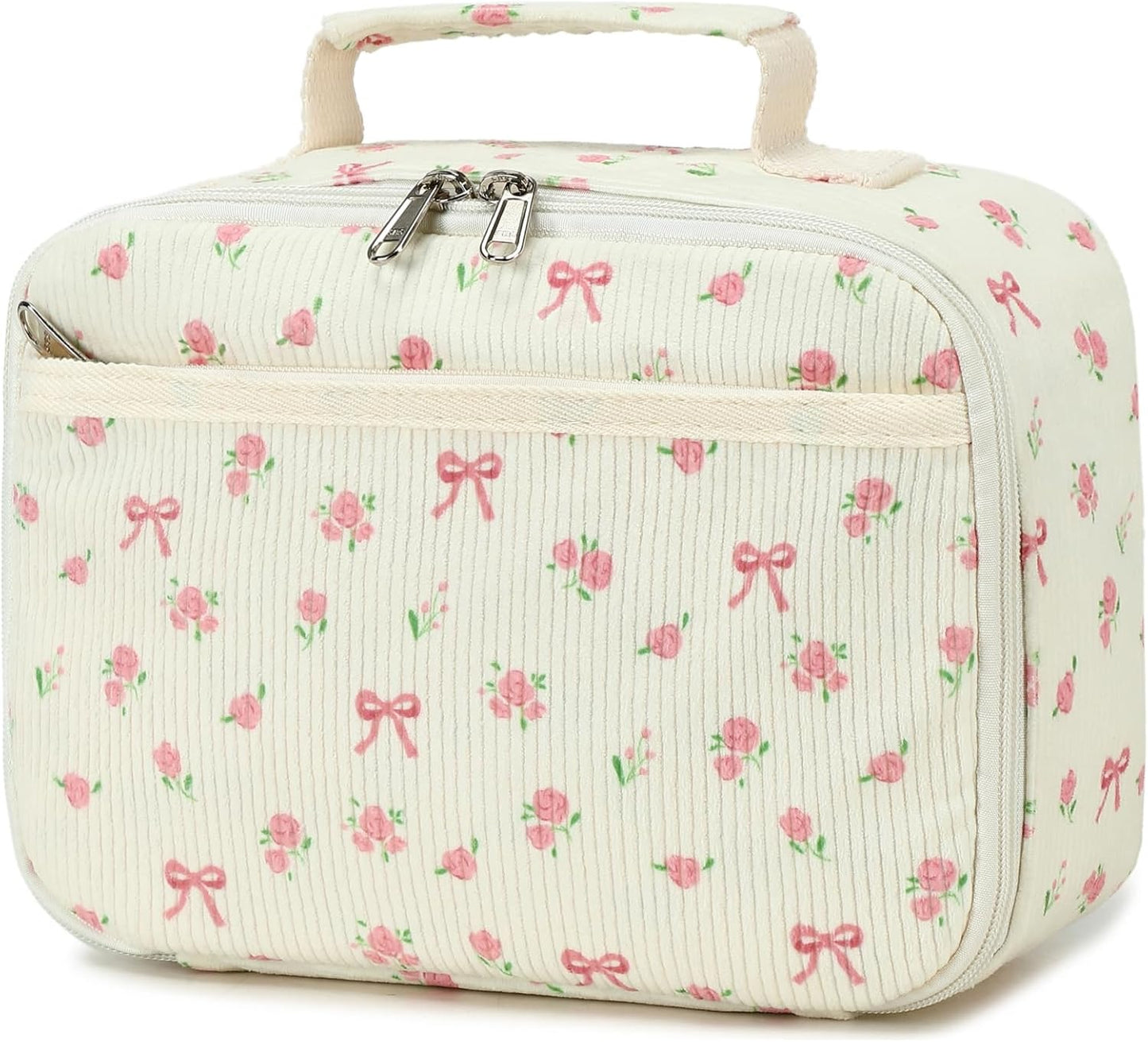 Bluboon Insulated Lunch Bag for Girls & Boys, Corduroy School Lunch Box with Cooler & Organizer Compartments, Leak-Proof Lunch Tote for School, Travel (Corduroy Strawberries Beige)