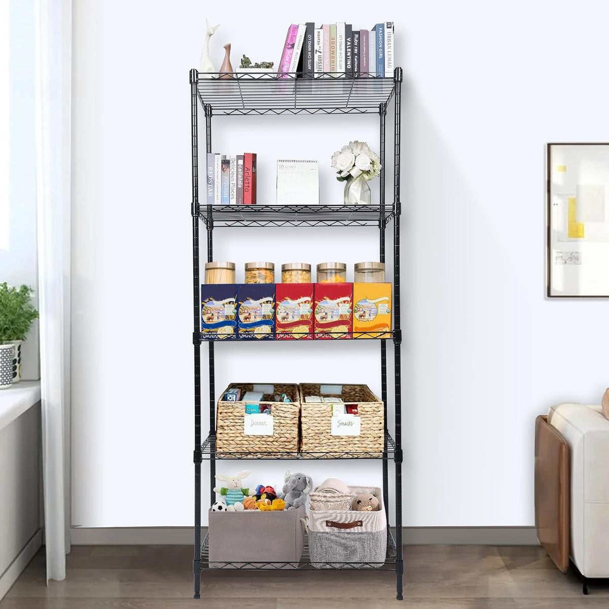 Whitmor 2-Wire Shelving Unit, Metal Storage Shelves, Stacking Shelf with Basket, Easy Assembly Home Organizer for Pantry, Kitchen, Garage, Plant
