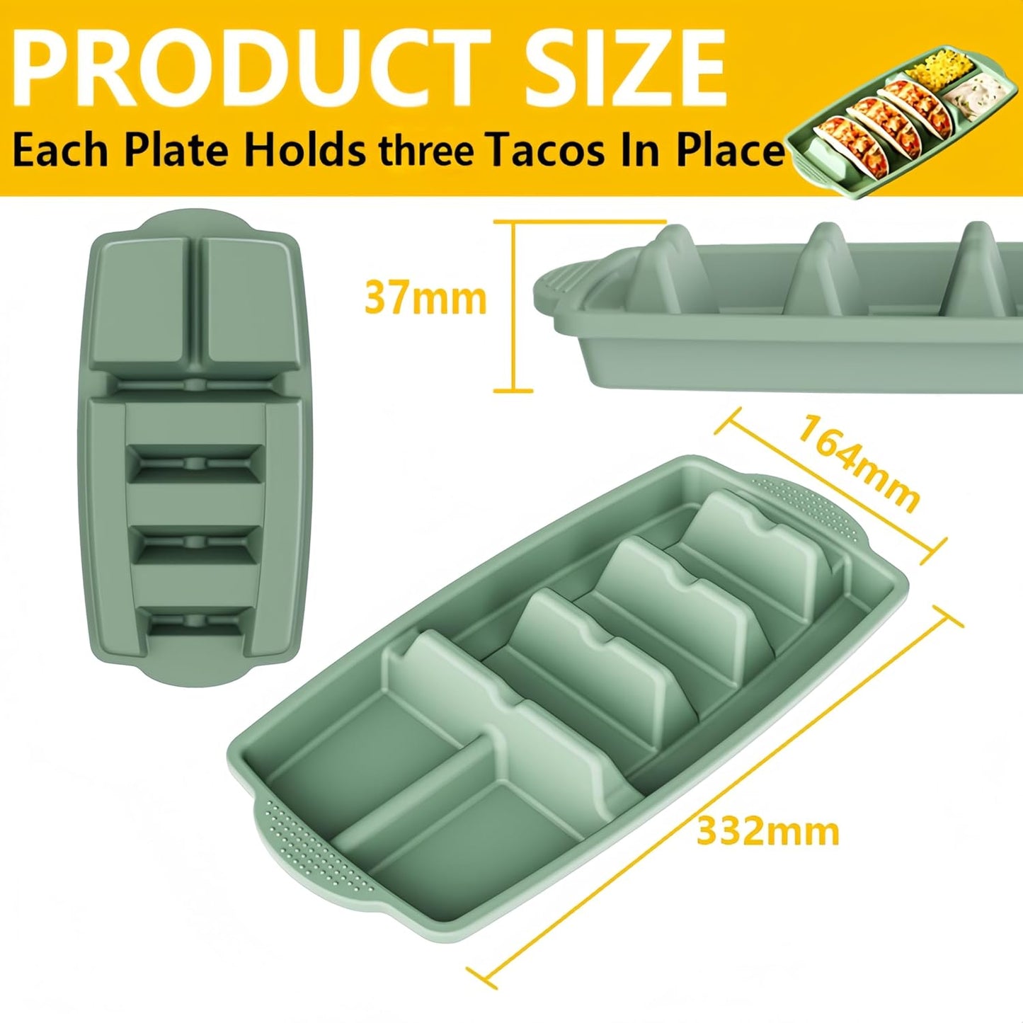 Reusable Silicone Taco Holder Set of 2, Taco Plates with Dividers & Dip Bowls, Taco Shell Holds 3 Taco Shells Stand, Microwave & Dishwasher Safe, Non-Slip Base, Taco Bar Serving for Party