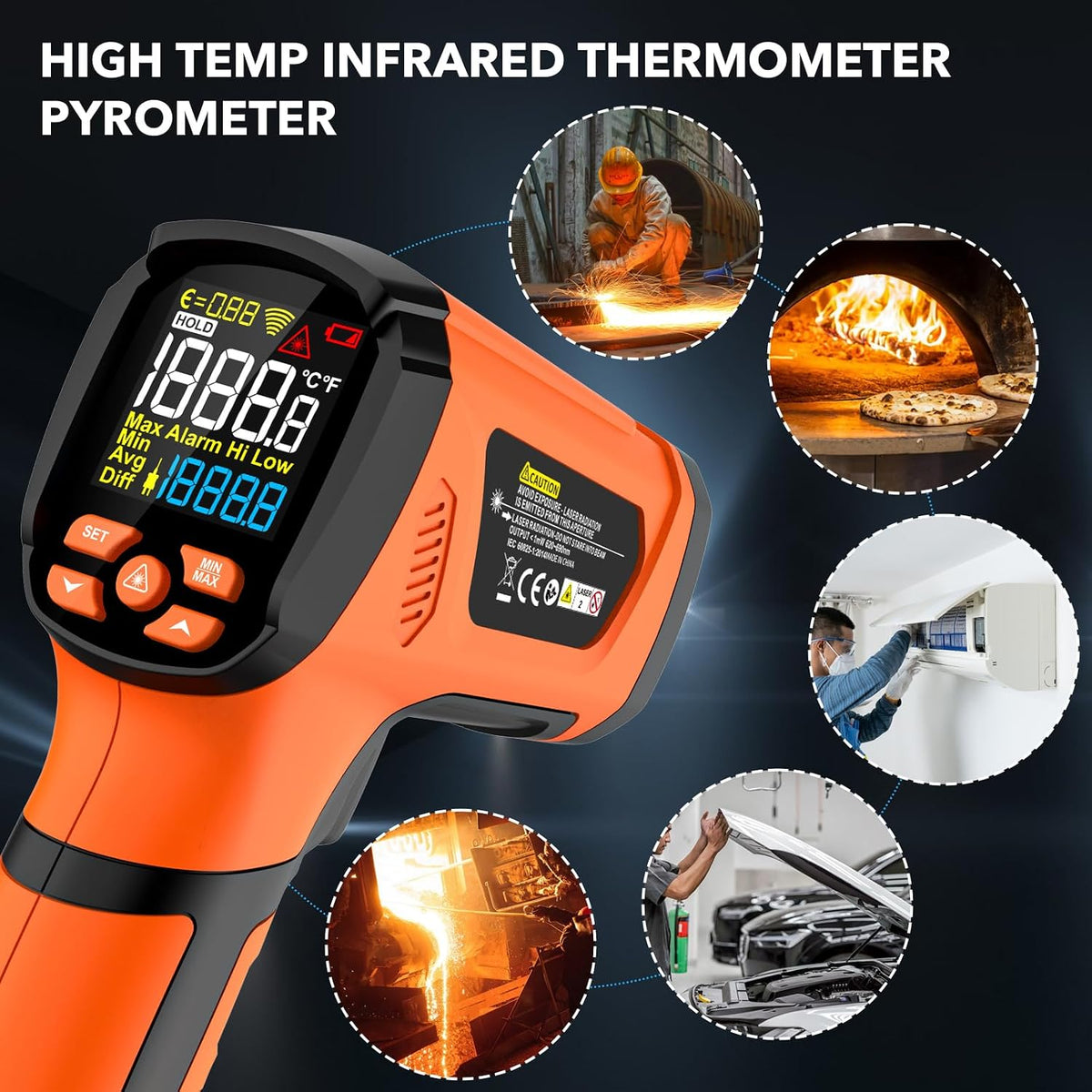 Infrared Thermometer Gun, Non Contact Digital Laser Thermometer Temperature Gun with Color LCD for Cooking, Home Repairs, Humidity Measurement, Adjustable Emissivity -58°F to 1472°F(-50~800°C)