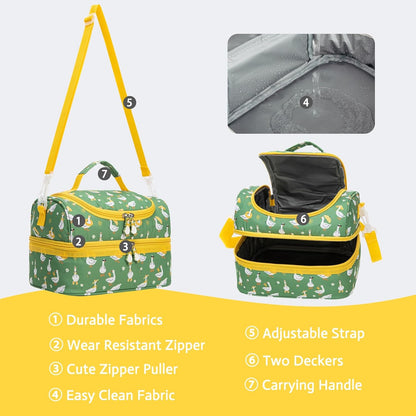 Insulated Kids Dual Compartment Lunch Bags Tote Pack for Girls Boys Toddler Kindergarten School Picnic Cooler Thermal Lunch Boxes with Strap (Green Rainbow)
