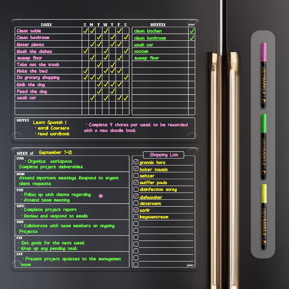 JJPRO Non-Magnetic Clear Weekly Planner & to Do List for Fridge, 8.5"x13" Dry Erase to Do List WhiteBoard,Reuasble Weekly Calendar for Refrigerator,Cabinet,Wall&Glass, All Smooth Surfaces
