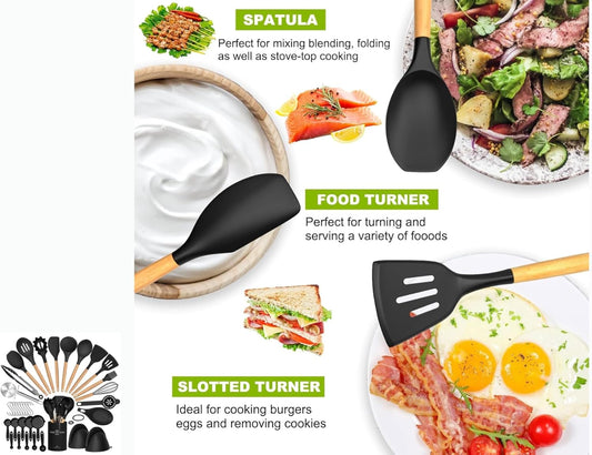 36 pcs Silicone Kitchen Cooking Utensils with Holder, Heat Resistant Cooking Sets Wooden Handle, Nonstick Kitchen Gadgets Tools Include Spatula Spoons Turner Pizza Cutter(Black) for Gift, K Trends