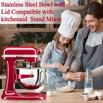 Stainless Steel Bowl Compatible with Kitchenaid Mixer 4.5/5QT，With Grey Lid,5 Quart Stainless Bowl for Kitchen Aid Mixing,With Green Lid