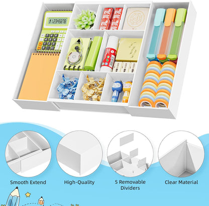 Marbrasse Expandable Desk Drawer Organizer, Clear Plastic Drawer Organizer Tray with 10 Adjustable Compartments, Desk Organizers and Accessories, 5 Drawer Dividers for Office Supplies, Makeup(Clear)