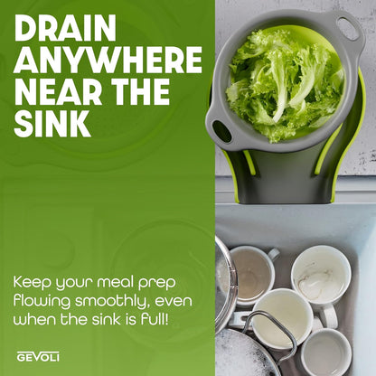Gevoli 3-Pack Collapsible Colanders with Self-Draining Base, Over Sink-edge Silicone Food Strainers, Small/Med/Large Sizes, Nesting for Easy Compact Storage (3Qt, 4Qt, 5-Quart Set) Green/Gray