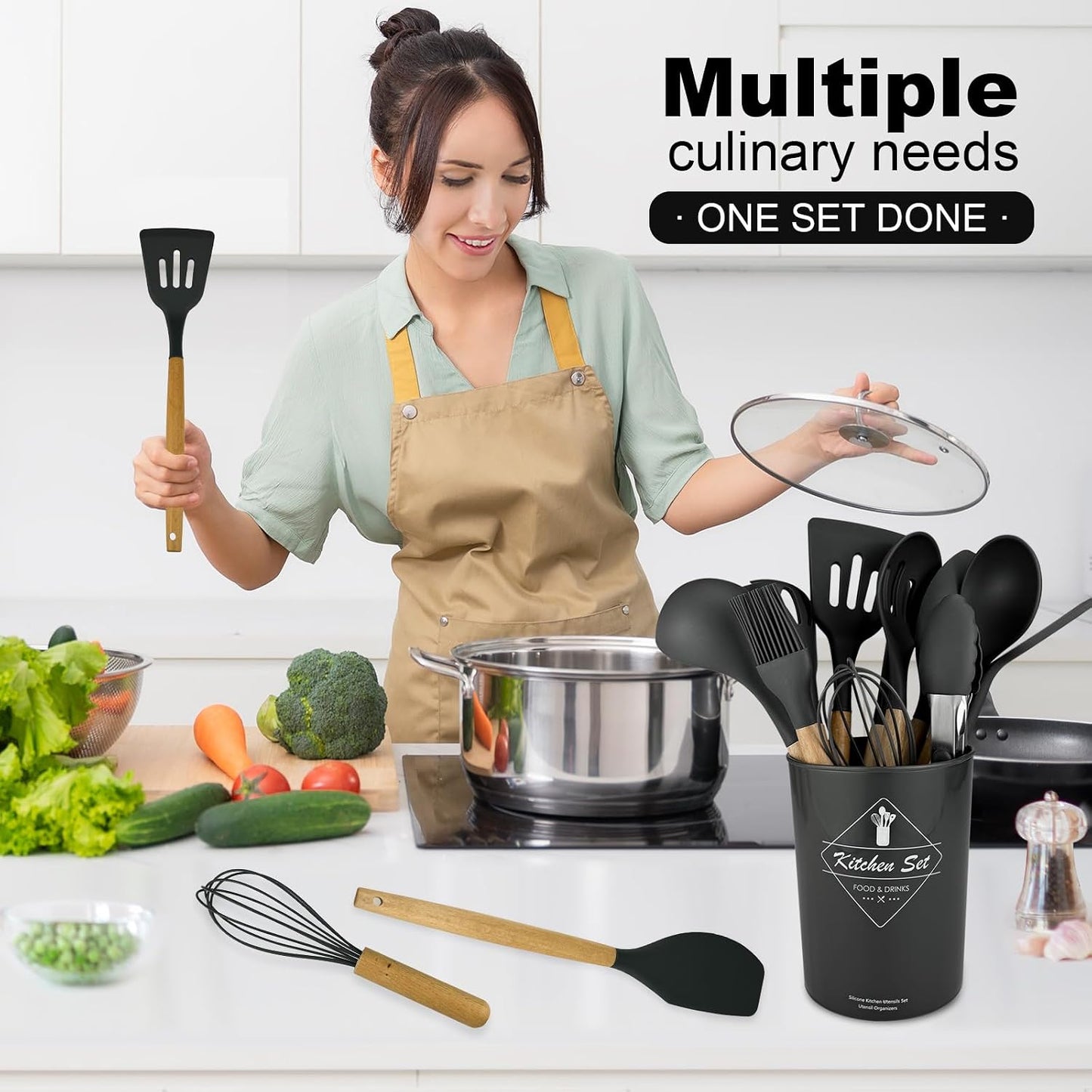 12 pcs Silicone Cooking Utensils Kitchen Utensil Set with Holder Heat Resistant Silicone Spatula Turner Set Wooden Spoons Kitchen Gadgets Tools Cooking Utensils for Nonstick Cookware (White)