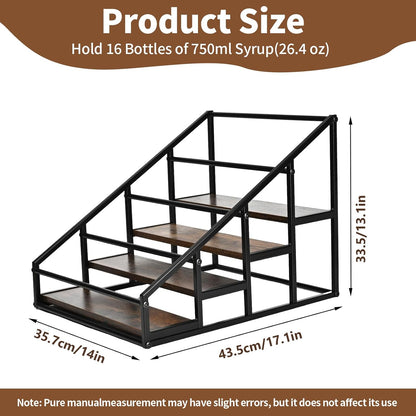 YQBRAO Coffee Syrup Rack Organizer,Liquor Bottle Display Shelf,2-Tier 4 Bottle Stand for Coffee Bar, Kitchen Station, Liquor, Wine, Dressing,Rustic Brown